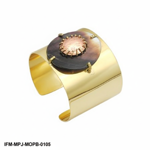 Handcrafted Mother of <b>Pearl</b> Brass Cuff <b>Bracelet</b> Wide <b>Gold</b> Bangle with MOP Inlay Bohemian Statement Jewelry for Women - Product Image 1