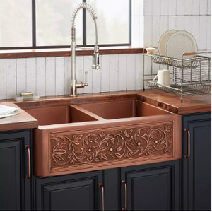 Fregadero de granja de cobre de doble cuenco compensado 60/40 de diseño de vid de alta calidad - Product Image 2