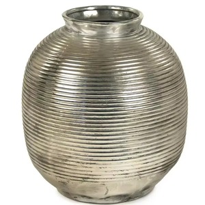 Jarrón de Metal de estilo maceta grande redondo plateado para decoración elegante del hogar centro de mesa para decoración de oficina en casa hecho a mano de La India - Product Image 1