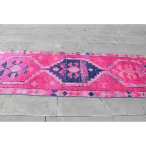 Vintage Rug, 3x8.9 ft <b>Runner</b> Turkish Rug, Herki <b>Red</b> Blue Check Rug - Product Image 4