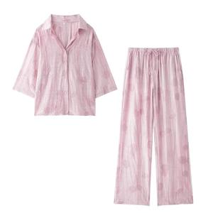 Femmes décontracté Chic imprimé Satin ensemble nouvelle mode printemps Jacquard lâche dames chemise été pantalon motif solide pour les femmes Chic - Product Image 3