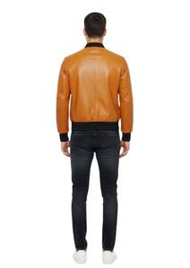 Nouvelle veste bomber en cuir véritable jaune moutarde pour homme 2026, col côtelé, fermeture éclair, vêtements d'extérieur - Product Image 5