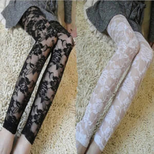 New Retro Sexy Net yarn Lady Rose Lace Through Leggings Pants Footless Black <b>White</b> Women Summer Skinny Nine Pants - Product Image 5