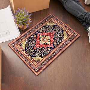 Tapis imprimé à motifs vintage, beige, bleu, décoration de style farmhouse, turc, antidérapant, tapis fin non tissé - Product Image 3