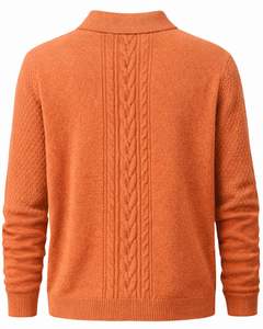 Suéter Polo de Punto Trenzado de Lana para Hombre, Color Naranja Óxido, Grueso, para Invierno, Cierre de Botones, Manga Larga, Informal - Product Image 2