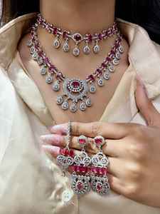 Premium Double Layer <b>Necklace</b> <b>Set</b> with Long Earrings And Maang Tikka Star Cut American Diamond Perfect For <b>Wedding</b>, Party Wear - Product Image 2