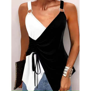 Blusa de viscosa bicolor con tiras y cuello cruzado con lazo lateral para mujer, 37601 - Negro - Product Image 3