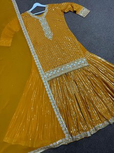 Shalwar Kameez Punjabi multicolore, tenue de fête spéciale, Sharara indien pour femmes adultes, en soie Georgette, broderie lourde - Product Image 3