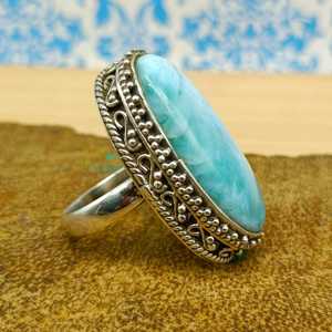 100% bijoux en argent véritable belle forme ovale bleue bague en pierres précieuses Larimar pour femmes bagues fines pour mariage - Product Image 4