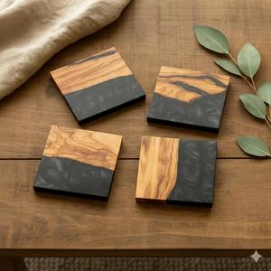 Posavasos Personalizados de Madera Gruesa y Resina Negra, Regalo Elegante y Significativo para Inauguraciones de Casas, Cumpleaños, Bodas y Aniversarios - Product Image 1