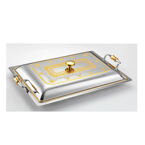 Plateau de service en acier inoxydable de qualité supérieure, argent et or, avec couvercle à motif floral gravé, plateau de service élégant pour les aliments - Product Image 2