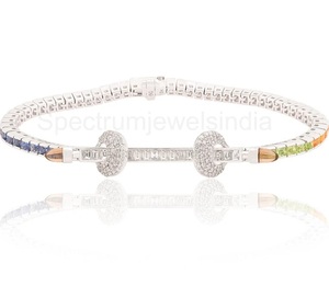 สร้อยข้อมือเพชรแซฟไฟร์ทองคำขาวประดับงานแต่งงาน18K ประดับด้วยพลอยแซฟไฟร์หลายชิ้นพร้อมโซ่ชั้นดีและสไตล์การเชื่อมโยง - Product Image 2