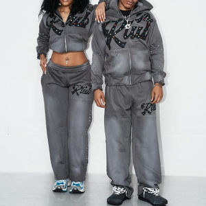 Venta al por mayor Streetwear Zip-Up Baggy Heavyweight Cotton Flared Acid Wash Custom Rhinestone Hombres Chándal Pantalones de chándal y Sudadera con capucha - Product Image 2