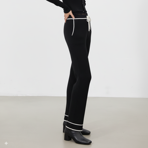 Salopette pour femmes en tricot côtelé, taille haute, jambes larges, taille élastique, extensible, douce, en spandex/coton, avec bordure contrastée - Product Image 1