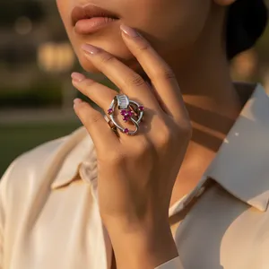 Bague en argent 925 avec rubis pour femme, design géométrique délicat avec pierre précieuse ovale, rhodium, bijoux fins, cadeau - Product Image 2