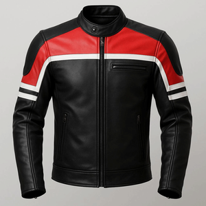 Veste de moto en cuir véritable pour hommes avec panneaux rouges et blancs Veste de moto de course en cuir blindé CE pour hommes - Product Image 3