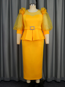 AM040939 Abito da Sera <span class=keywords><strong>Lungo</strong></span> <span class=keywords><strong>con</strong></span> Collo a O, Maniche a Lanterna in Tulle, Peplum e Cintura - Product Image 4