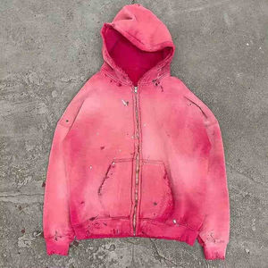 Sudadera con capucha y cremallera lavada con ácido de gran tamaño, ropa de calle con logotipo personalizado, Parche de letras desgastadas, sudaderas con bordado de chenilla - Product Image 5