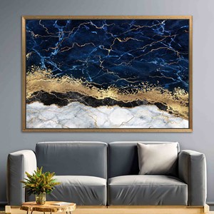 Impression sur toile d'art abstrait moderne bleu marine et or à l'encre d'alcool, 1P : encadré or - Product Image 1