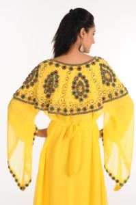 Amarillo Georgette Kaftan Arabian Maxi Partywear Embellecido con Zari Work Stones & Beads Estilo islámico Transpirable ODM Supply - Product Image 2
