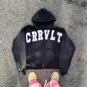 Nouveauté prix de gros 500 GSM Vintage Baggy patchs en détresse Streetwear Boxy lavage à l'acide hommes recadrée fermeture éclair à capuche - Product Image 2