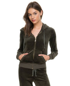 Autumn Fall Olive Green Velvet 2 Pcs Zip up Hoodie Pocket with <b>Trouser</b> Velvet Hoodie Jogging Set <b>Velour</b> Tracksuit Leisure Suit - Product Image 2