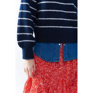 เสื้อสเวตเตอร์ถักลายทางสีน้ำเงินสำหรับผู้หญิง แต่งหัวใจสีแดง ระบายอากาศได้ดี สไตล์ลำลองสำหรับฤดูใบไม้ร่วง ตกแต่งกระดุมด้านหน้า พร้อมโลโก้ - Product Image 1