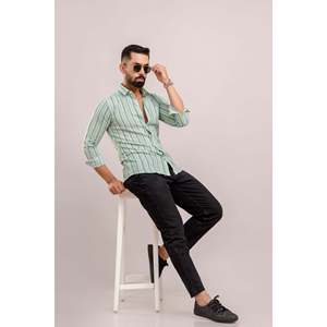 Chemise décontractée boutonnée en lin tissé pour homme, 100 % coton, rayures vertes, manches longues, respirante, 6XL - Product Image 6