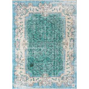 Tapis en laine noué à la main vert vintage, grand rectangle, motif floral et abstrait, pour entrée de maison, salon - Pae-2111 - Product Image 1