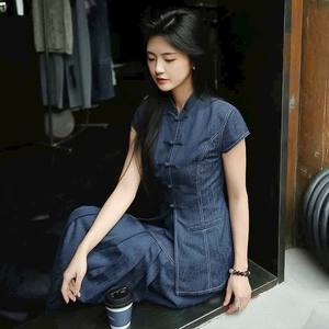 Ensemble assorti haut en jean rétro à boutons et jupe longue, vente en gros d'usine - Product Image 1