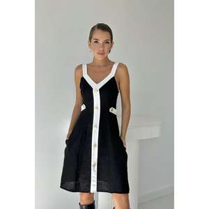 Robe de cocktail à bretelles noire et blanc cassé avec poches décoratives – Vente en gros - Product Image 3