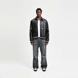 Blousons aviateur en cuir pour hommes Blouson aviateur en cuir végétal noir avec dos gaufré et fermeture éclair côtelée - Product Image 4