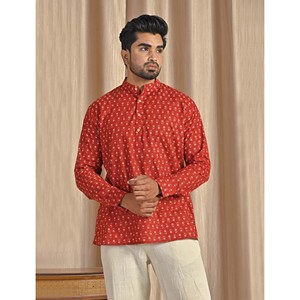 Kurta court en coton popeline rouge imprimé pour homme, chemise décontractée à manches longues, respirante et confortable - Product Image 5
