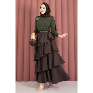 Brown Layered Ruffled Wrap <b>Skirt</b> Comfortable Breathable Spandex & Silk <b>Patchwork</b> Print Formal & Cute Styles for Spring - Product Image 4
