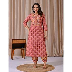 Casual <b>Peach</b> Butta Block Printed Straight Kurta Set Spring/Summer Three-Quarter Sleeve Afghani <b>Top</b> - Product Image 3