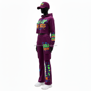 Ensemble de survêtement pour femmes en molleton lourd en coton et polyester 300 GSM, violet, deux pièces, logo personnalisé imprimé à l'écran, survêtements grande taille - Product Image 4