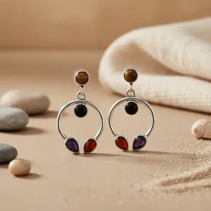 Boucles d'oreilles pendantes en argent 925 avec pierres précieuses pour femmes, boucles d'oreilles tendance - Product Image 1