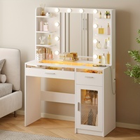 Coiffeuse OEM avec miroir et multiprise, 10 lumières, 2 tiroirs, armoire de rangement, miroir de coiffeuse avec 3 couleurs d'éclairage réglables