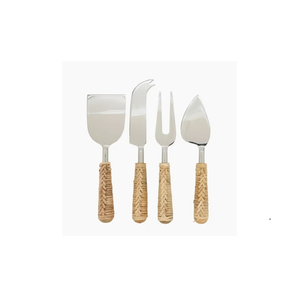 Venta caliente Cuchillos de queso para servir de acero inoxidable con asas de ratán Juego de producto hecho a mano a bajo costo - Product Image 1