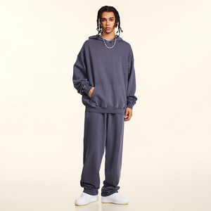 Ensemble pantalon de survêtement et sweat à capuche unisexe 380G 100% coton basique délavé vintage surdimensionné en tricot de grande taille - Product Image 3