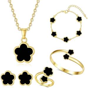 Clover Jewelry Set For <b>Women</b> Gold Tone Five Leaf Clover Necklace Earrings Ring <b>Bracelet</b> With Zircon Fashion Floral Design - Product Image 4