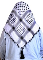 Selendang Kepala Arafat Tradisional Motif Kotak-Kotak Hitam Putih Tenun untuk Pria Desain Berumbai Ringan
