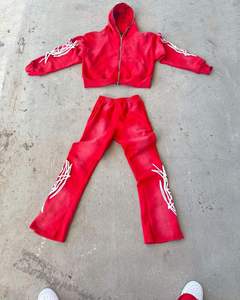 ชุดวอร์มผ้าฝ้ายคุณภาพสูงแบบกำหนดเอง กางเกงวอร์มและเสื้อฮู้ดดี้สำหรับผู้ชาย ชุดสตรีทแวร์ลายฟอกสี ชุดวอร์มสไตล์แก๊งสเตอร์ - Product Image 4