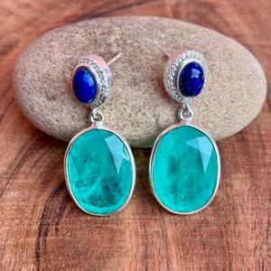 Boucles d'oreilles ovales artisanales Pariba Tourmaline et Lapis Lazuli bleu avec placage en argent bijoux élégants en pierres précieuses pour femmes - Product Image 4