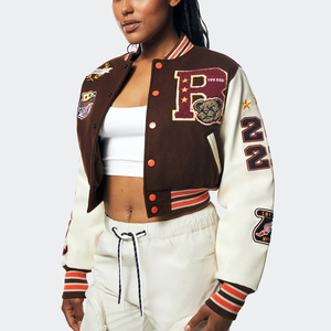 Blouson universitaire marron pour femme, coupe classique, motif uni, style Y2K, avec boutons, broderie personnalisée, en toile et cuir de vache, style bomber, uniforme, en coton tricoté - Product Image 4