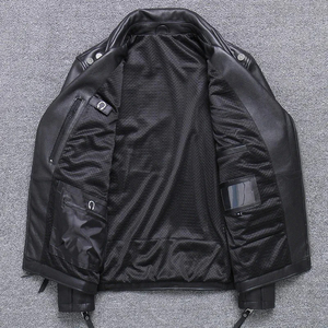 Men's Genuine Leather Vintage Motorcycle Jacket Natural Cowskin Coat Stand Collar Zipper Closure Canvas for Spring Autumn Winter - Product Image 2