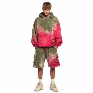 Noir acide lavage Baggy à capuche hommes Sublimation lavé Cargo Shorts ensemble hommes hiver Streetwear extérieur polaire acide lavage Shorts ensemble - Product Image 5