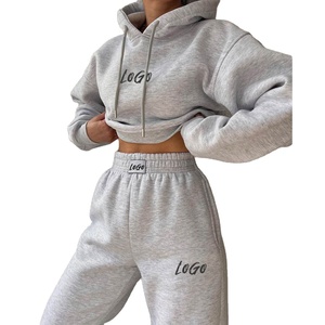 OEM Customized Logo 2 Pieces Outfit Fleece Sweatsuit Sweatpants Sportswear Hoodies Jogger <b>Set</b> Tracksuits for Women - Product Image 1