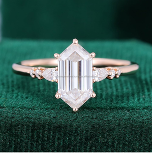 Anillo de compromiso de diamante hexagonal alargado IGI certificado 1 a 2 Ct distancia de diamante cultivado en laboratorio pavé regalos de oro rosa para mujeres - Product Image 1