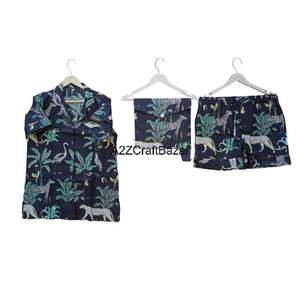 Ensemble de pyjama pour femmes en coton doux imprimé à l'oiseau 100% pur, imprimé numérique, vêtements de nuit d'été, style décontracté pour femmes - Product Image 2